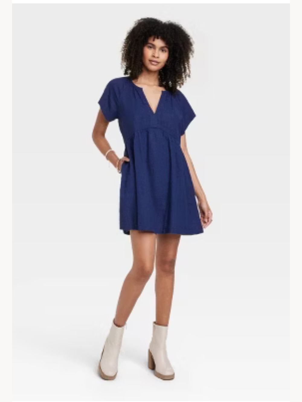 Universal Thread Navy V-Neck Linen Babydoll Mini Dress